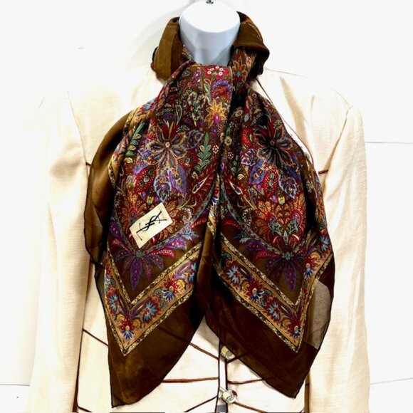 Yves Saint Laurent 100% SilkChiffon/Satin Scarf 42" Brown Red Green Floral ( 29 - Picture 8 of 15